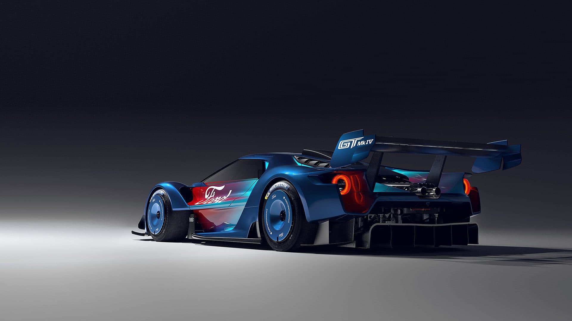 Rear 3/4 view of the Ford GT Mk IV